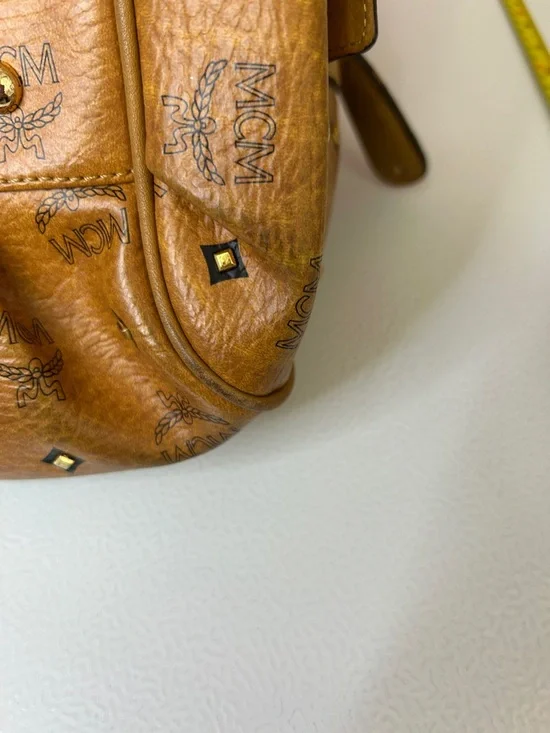 MCM Cognac Logo Visetos Barrel Satchel with Gold Plaque - Picture 12 of 14